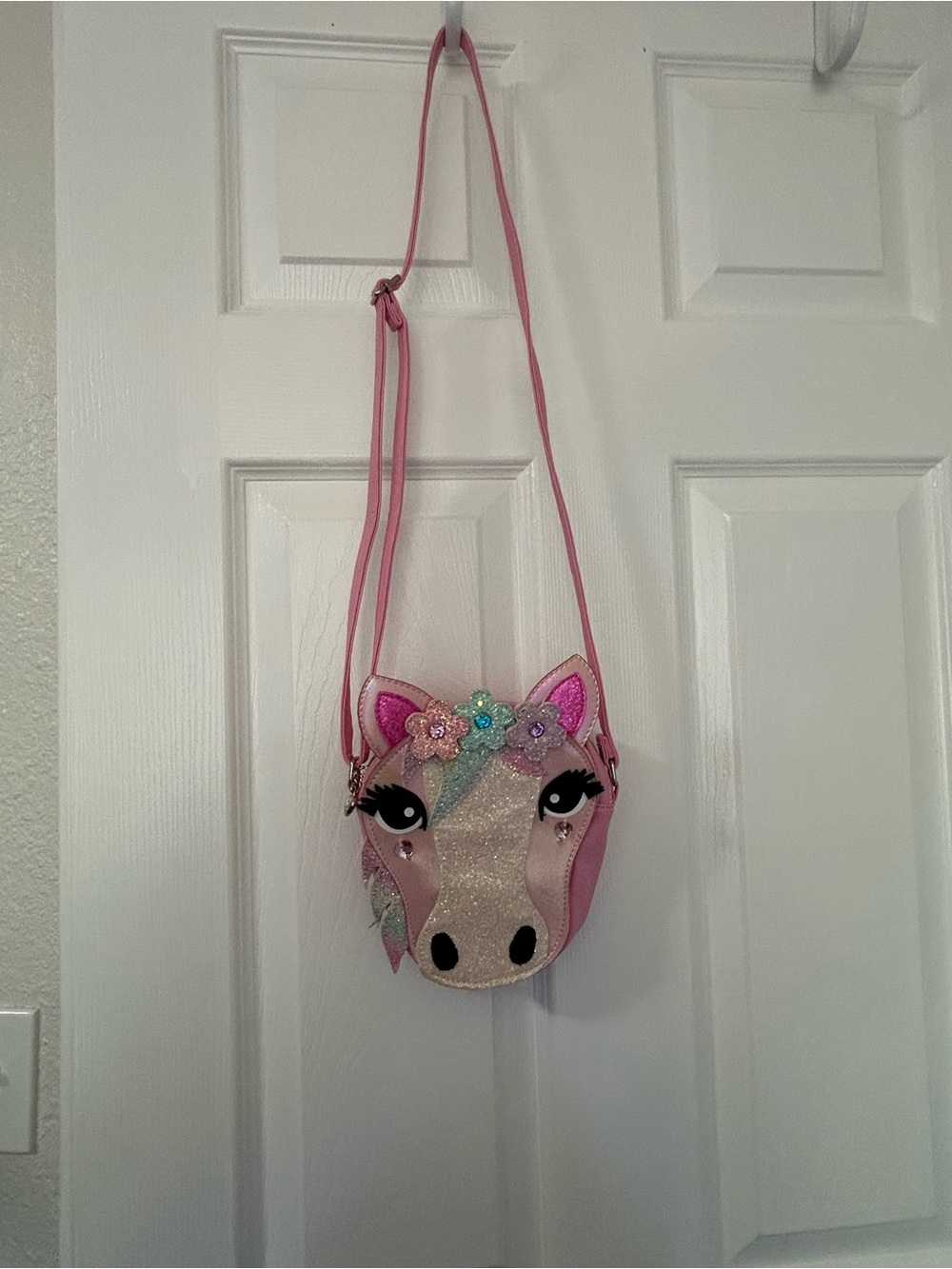 Pink Unicorn Crossbody Bag for Kids with Glitter & Floral Accents